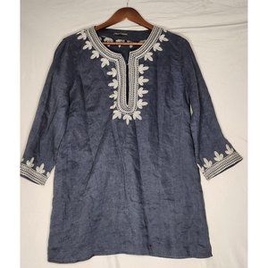 Chelsea‎ & Theodore Women’s Linen Embroidered Navy Blue Ivory Tunic Blouse